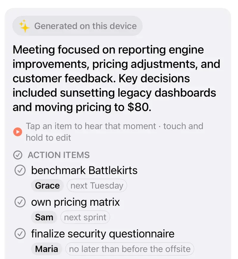 Dictanta on iPhone, a meeting recap marked "Generated on this device": a short summary, the hint "Tap an item to hear that moment · touch and hold to edit", and action items with owners (Grace, Sam, Maria) and due dates.