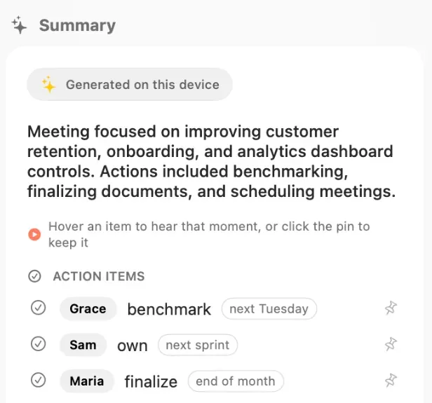 Dictanta for Mac, a meeting recap marked "Generated on this device": a short summary, the hint "Hover an item to hear that moment, or click the pin to keep it", and action items with owners (Grace, Sam, Maria) and due dates.