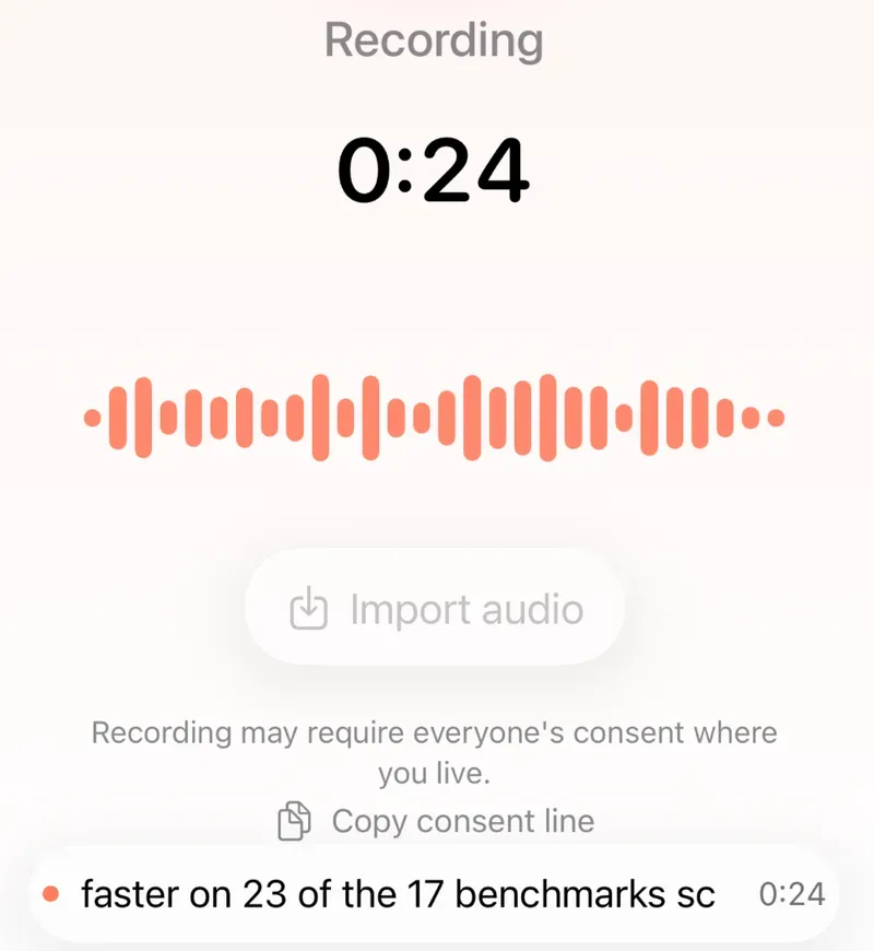 Dictanta on iPhone while recording: the timer at 0:24, a live waveform, an Import audio button, a consent reminder with Copy consent line, and a live caption bar at the bottom.